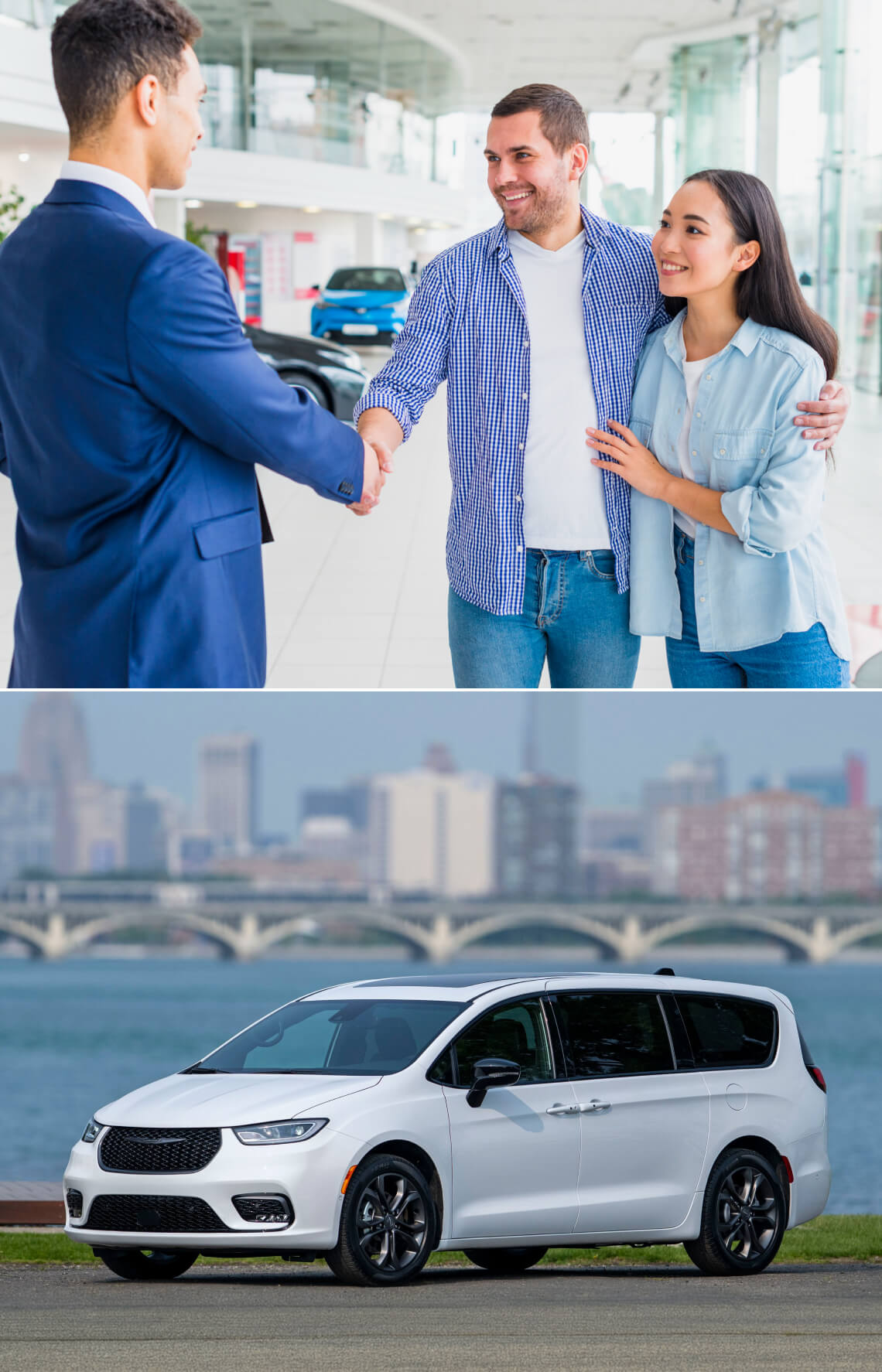 Top: Salesperson greets a couple at a dealership; bottom: 2026 Chrysler Pacifica in Bright White parked by a waterfront.